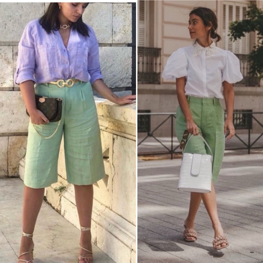 NWT Zara Linen Long Bermuda High Rise Pleated Shorts Green L Lagenlook 90s Boho - Picture 3 of 16